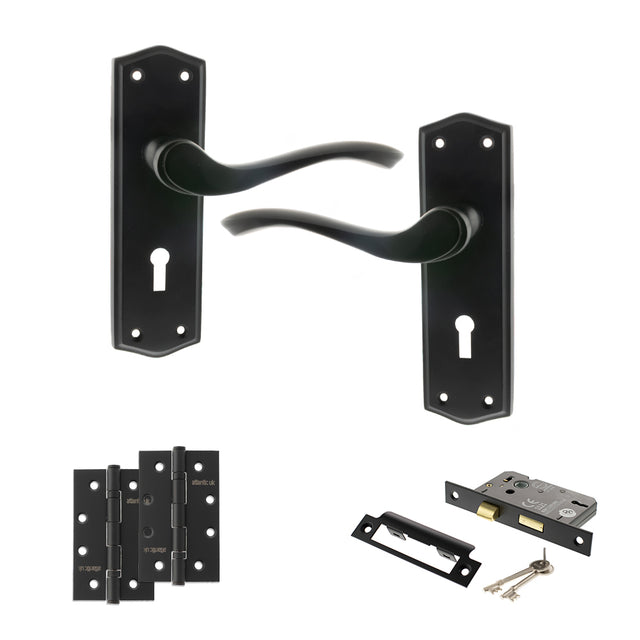 Quality image of Old English Warwick Door Handle Pack (3 Lever Lock Set - 3" CE Sashlock, 4" Slim Knuckle Hinges x2) - Matt Black | Sku. adpoe178kmb19 | available from Trade Door Handles.