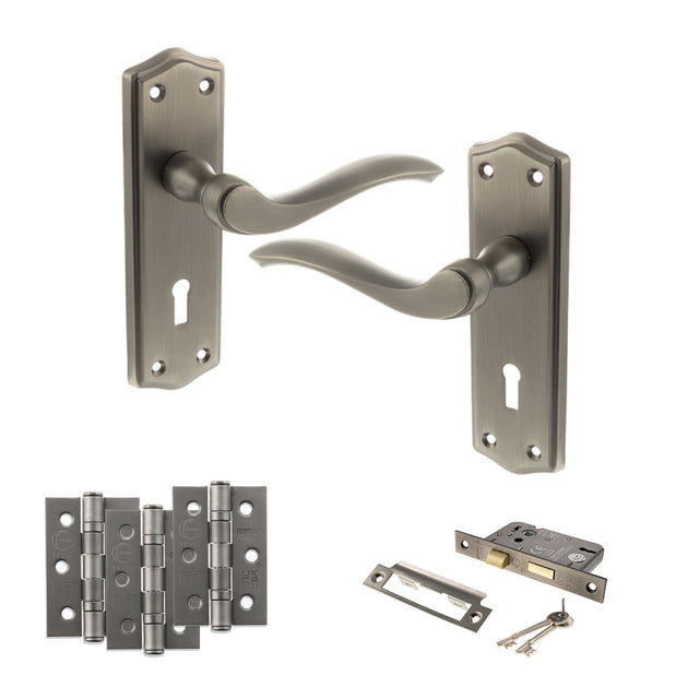 Quality image of Old English Warwick Door Handle Pack (3 Lever Lock Set - 3" CE Sashlock, 3" Fire Rated Hinges x3) - Matt Gun Metal | Sku. adpoe178kmbn15 | available from Trade Door Handles.