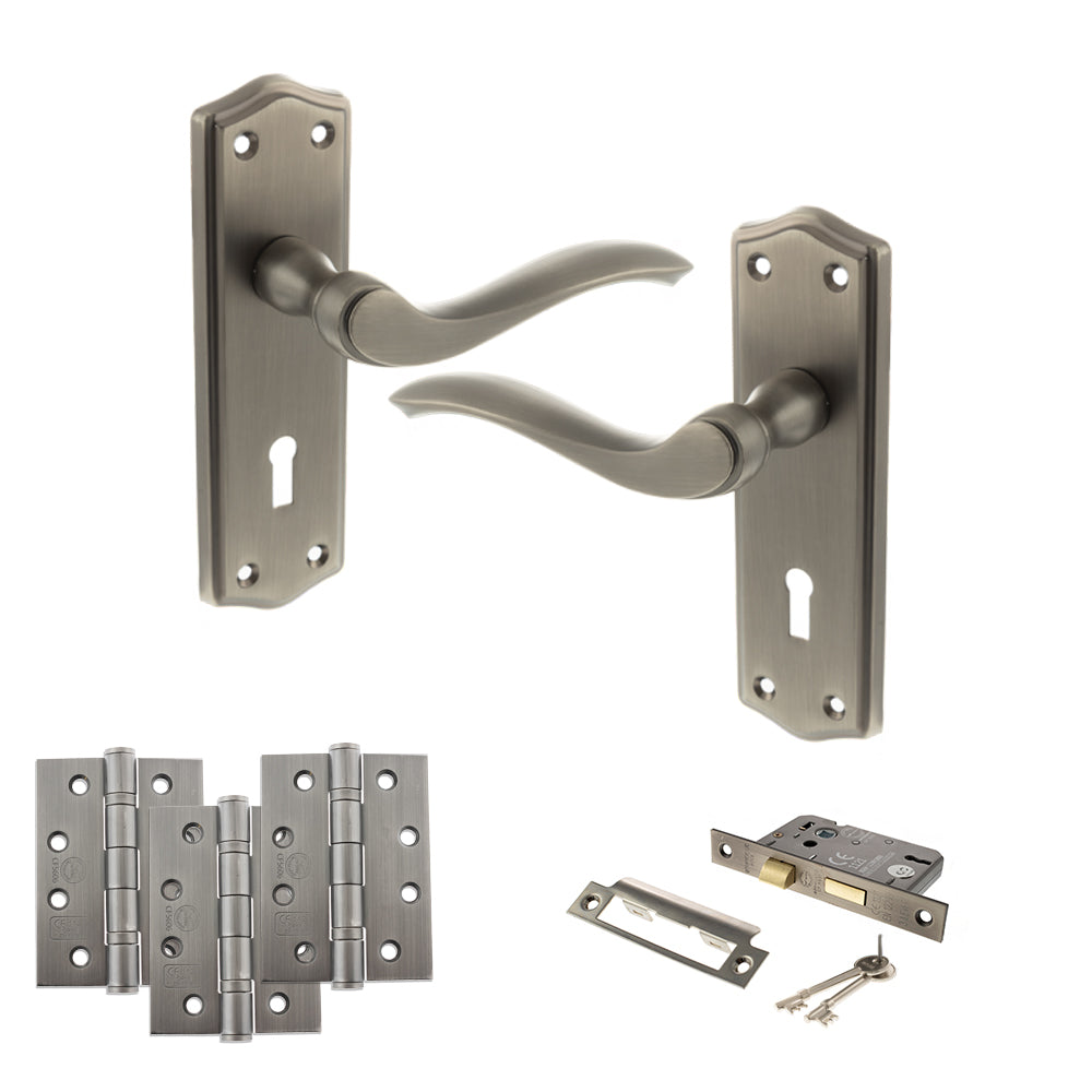 Quality image of Old English Warwick Door Handle Pack (3 Lever Lock Set - 2.5" CE Sashlock, 4" Fire Rated Hinges x3) - Matt Gun Metal | Sku. adpoe178kmbn16 | available from Trade Door Handles.