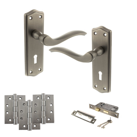 Quality image of Old English Warwick Door Handle Pack (3 Lever Lock Set - 2.5" CE Sashlock, 4" Fire Rated Hinges x3) - Matt Gun Metal | Sku. adpoe178kmbn16 | available from Trade Door Handles.