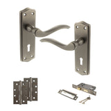 Quality image of Old English Warwick Door Handle Pack (3 Lever Lock Set - 2.5" CE Sashlock, 4" Slim Knuckle Hinges x2) - Matt Gun Metal | Sku. adpoe178kmbn18 | available from Trade Door Handles.