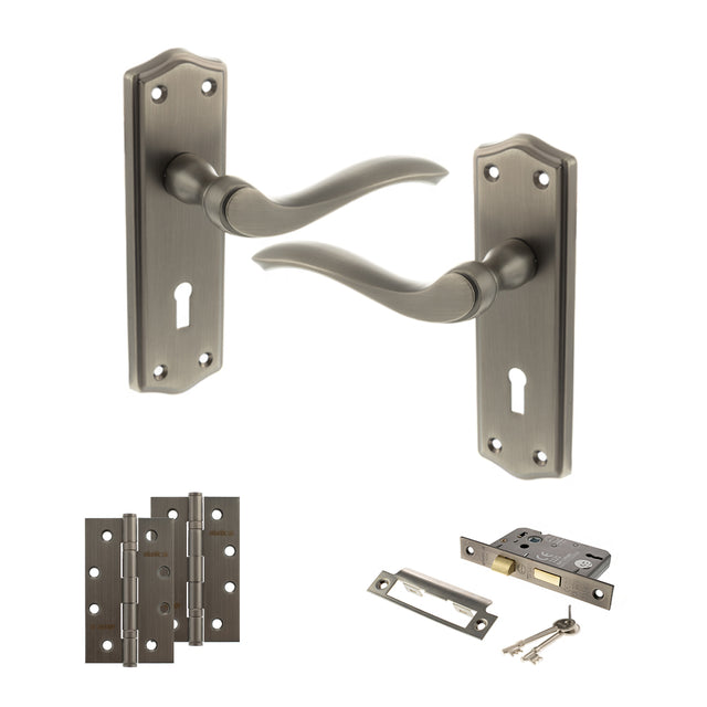 Quality image of Old English Warwick Door Handle Pack (3 Lever Lock Set - 2.5" CE Sashlock, 4" Slim Knuckle Hinges x2) - Matt Gun Metal | Sku. adpoe178kmbn18 | available from Trade Door Handles.