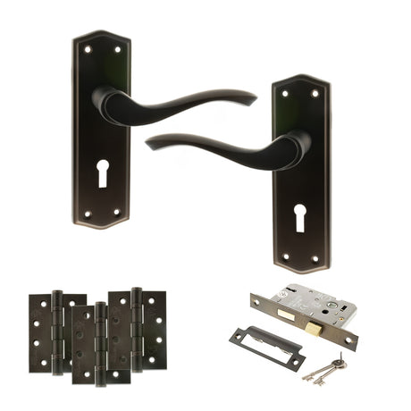 Quality image of Old English Warwick Door Handle Pack (3 Lever Lock Set - 3" CE Sashlock, 4" Fire Rated Hinges x3) - Urban Dark Bronze | Sku. adpoe178kudb17 | available from Trade Door Handles.