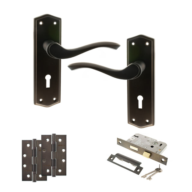 Quality image of Old English Warwick Door Handle Pack (3 Lever Lock Set - 2.5" CE Sashlock, 4" Slim Knuckle Hinges x2) - Urban Dark Bronze | Sku. adpoe178kudb18 | available from Trade Door Handles.