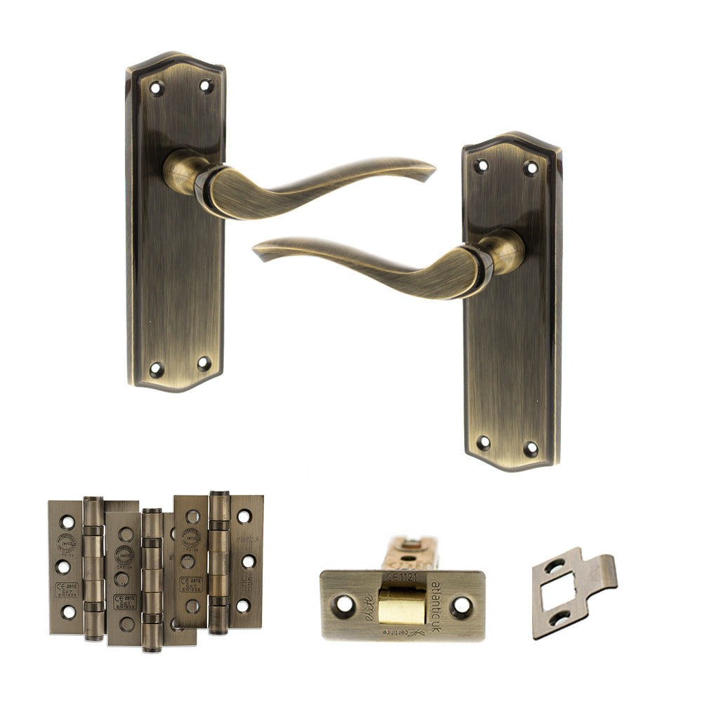 Quality image of Old English Warwick Door Handle Pack (Latch Set - 2.5" CE Latch, 3" Fire Rated Hinges x3) - Antique Brass | Sku. adpoe178lab1 | available from Trade Door Handles.
