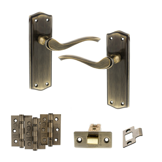 Quality image of Old English Warwick Door Handle Pack (Latch Set - 3" CE Latch, 3" Fire Rated Hinges x3) - Antique Brass | Sku. adpoe178lab2 | available from Trade Door Handles.