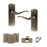 Quality image of Old English Warwick Door Handle Pack (Latch Set - 3" CE Latch, 4" Fire Rated Hinges x3) - Antique Brass | Sku. adpoe178lab4 | available from Trade Door Handles.