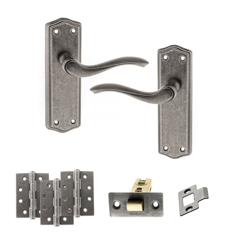 Quality image of Old English Warwick Door Handle Pack (Latch Set - 3" CE Latch, 4" Fire Rated Hinges x3) - Distressed Silver | Sku. adpoe178lds4 | available from Trade Door Handles.