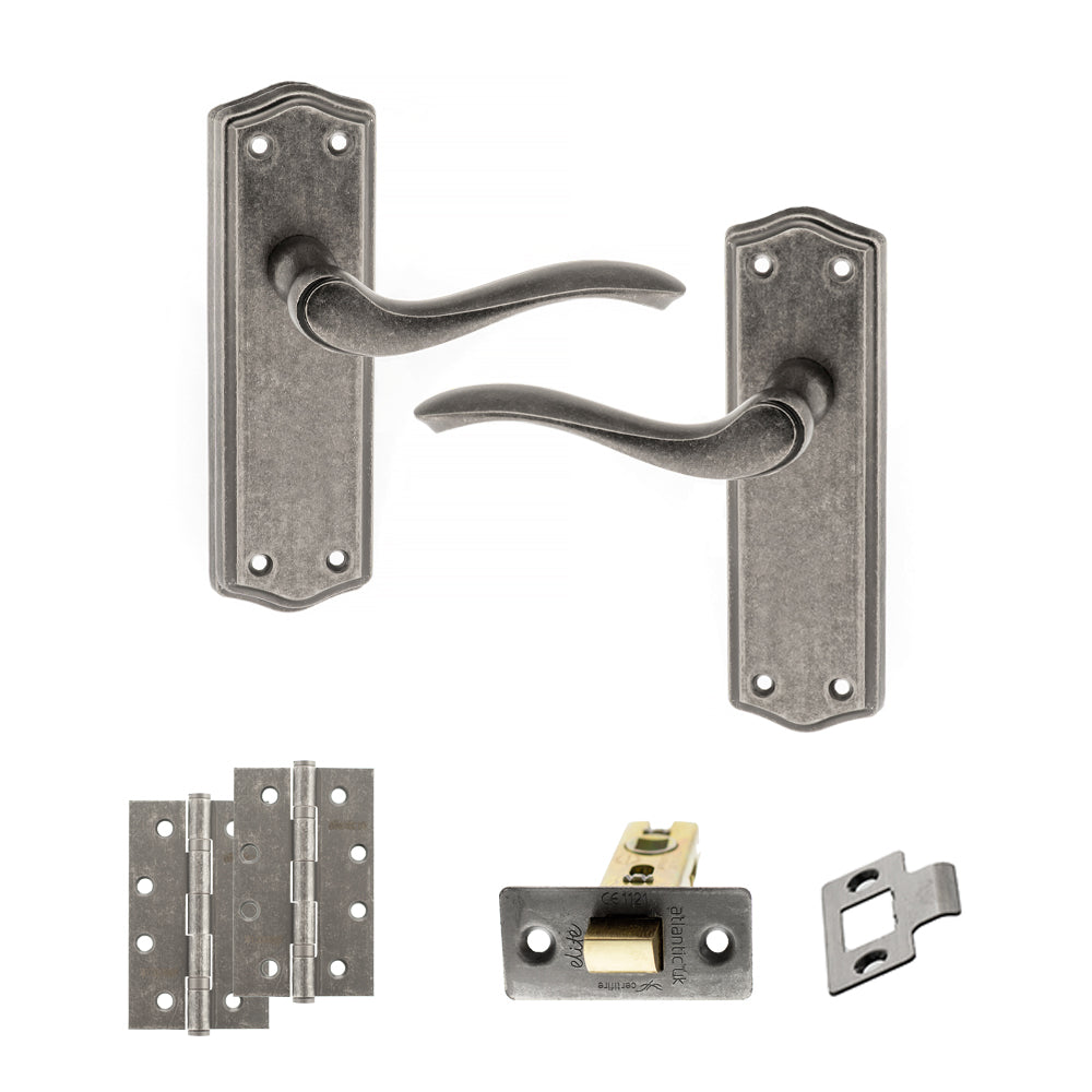 Quality image of Old English Warwick Door Handle Pack (Latch Set - 3" CE Latch, 4" Slim Knuckle Hinges x2) - Distressed Silver | Sku. adpoe178lds6 | available from Trade Door Handles.