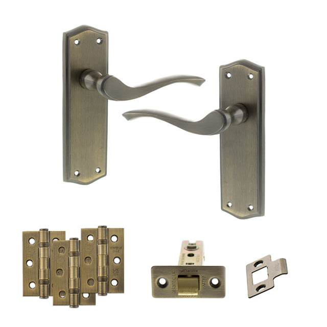 Quality image of Old English Warwick Door Handle Pack (Latch Set - 3" CE Latch, 3" Fire Rated Hinges x3) - Matt Antique Brass | Sku. adpoe178lmab2 | available from Trade Door Handles.