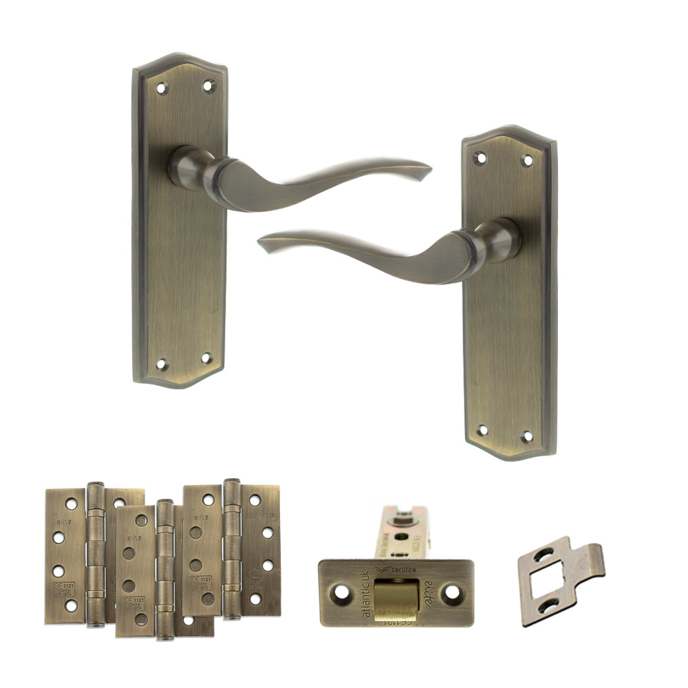 Quality image of Old English Warwick Door Handle Pack (Latch Set - 2.5" CE Latch, 4" Fire Rated Hinges x3) - Matt Antique Brass | Sku. adpoe178lmab3 | available from Trade Door Handles.
