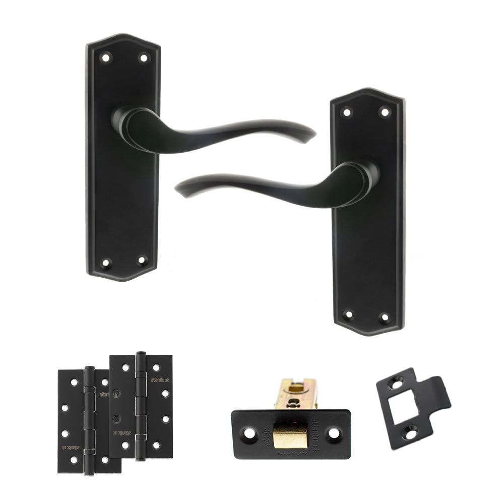 Quality image of Old English Warwick Door Handle Pack (Latch Set - 2.5" CE Latch, 4" Slim Knuckle Hinges x2) - Matt Black | Sku. adpoe178lmb5 | available from Trade Door Handles.