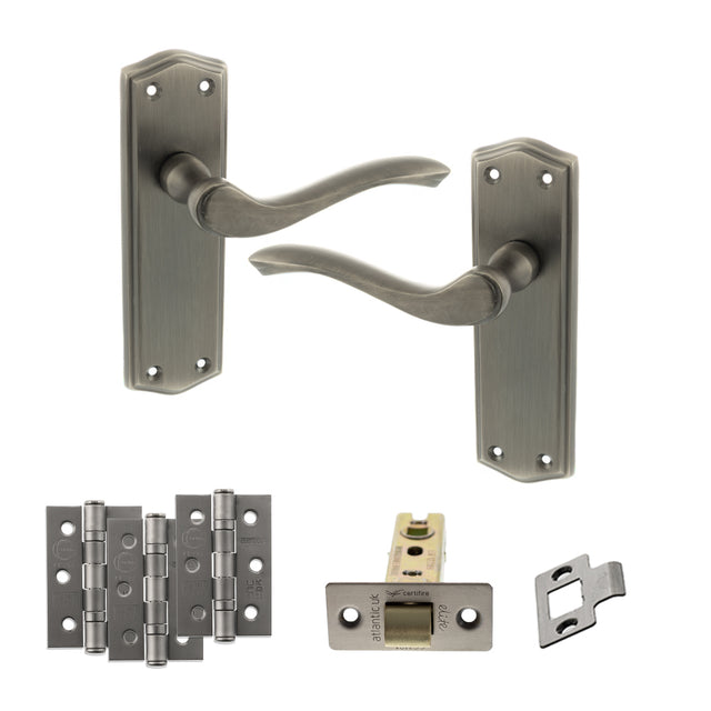 Quality image of Old English Warwick Door Handle Pack (Latch Set - 3" CE Latch, 3" Fire Rated Hinges x3) - Matt Gun Metal | Sku. adpoe178lmbn2 | available from Trade Door Handles.