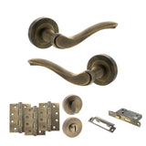 Quality image of Old English Warwick Door Handle Pack (Bathroom Set - 3" CE Bathroom Lock, 4" Fire Rated Hinges x3) - Matt Antique Brass | Sku. adpoe178mab11 | available from Trade Door Handles.