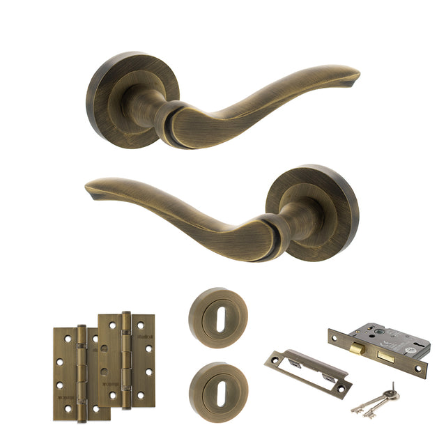 Quality image of Old English Warwick Door Handle Pack (3 Lever Lock Set - 3" CE Sashlock, 4" Slim Knuckle Hinges x2) - Matt Antique Brass | Sku. adpoe178mab19 | available from Trade Door Handles.