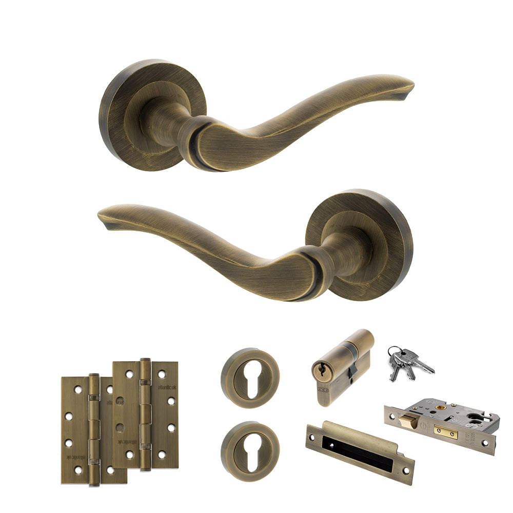 Quality image of Old English Warwick Door Handle Pack (Euro Lock Set - 3" CE Sashlock, 4" Slim Knuckle Hinges x2) - Matt Antique Brass | Sku. adpoe178mab25 | available from Trade Door Handles.