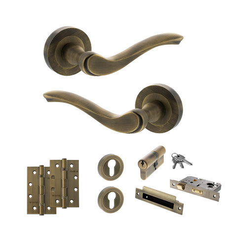 Quality image of Old English Warwick Door Handle Pack (Euro Lock Set - 3" CE Sashlock, 4" Slim Knuckle Hinges x2) - Matt Antique Brass | Sku. adpoe178mab25 | available from Trade Door Handles.
