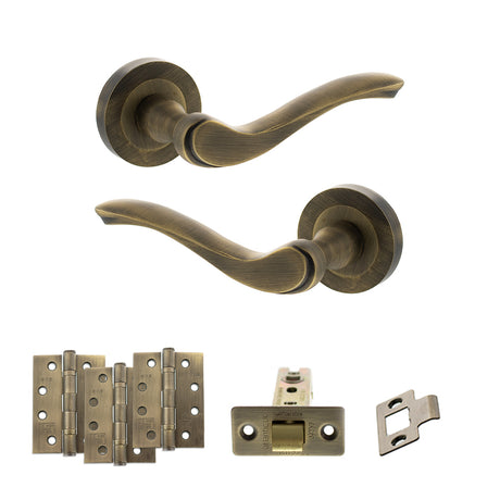 Quality image of Old English Warwick Door Handle Pack (Latch Set - 3" CE Latch, 4" Fire Rated Hinges x3) - Matt Antique Brass | Sku. adpoe178mab4 | available from Trade Door Handles.