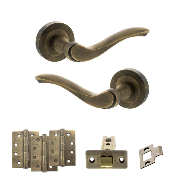 Quality image of Old English Warwick Door Handle Pack (Latch Set - 3" CE Latch, 4" Fire Rated Hinges x3) - Matt Antique Brass | Sku. adpoe178mab4 | available from Trade Door Handles.