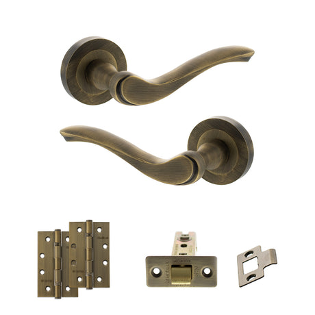 Quality image of Old English Warwick Door Handle Pack (Latch Set - 2.5" CE Latch, 4" Slim Knuckle Hinges x2) - Matt Antique Brass | Sku. adpoe178mab5 | available from Trade Door Handles.