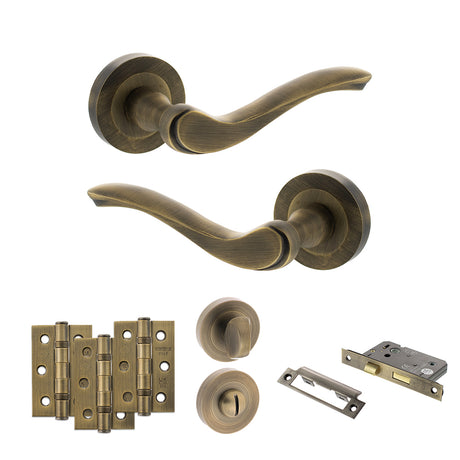 Quality image of Old English Warwick Door Handle Pack (Bathroom Set - 3" CE Bathroom Lock, 3" Fire Rated Hinges x3) - Matt Antique Brass | Sku. adpoe178mab9 | available from Trade Door Handles.
