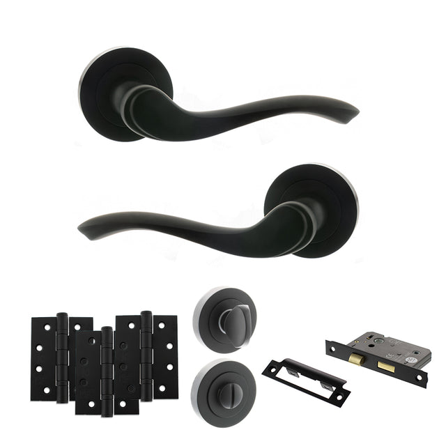 Quality image of Old English Warwick Door Handle Pack (Bathroom Set - 2.5" CE Bathroom Lock, 4" Fire Rated Hinges x3) - Matt Black | Sku. adpoe178mb10 | available from Trade Door Handles.