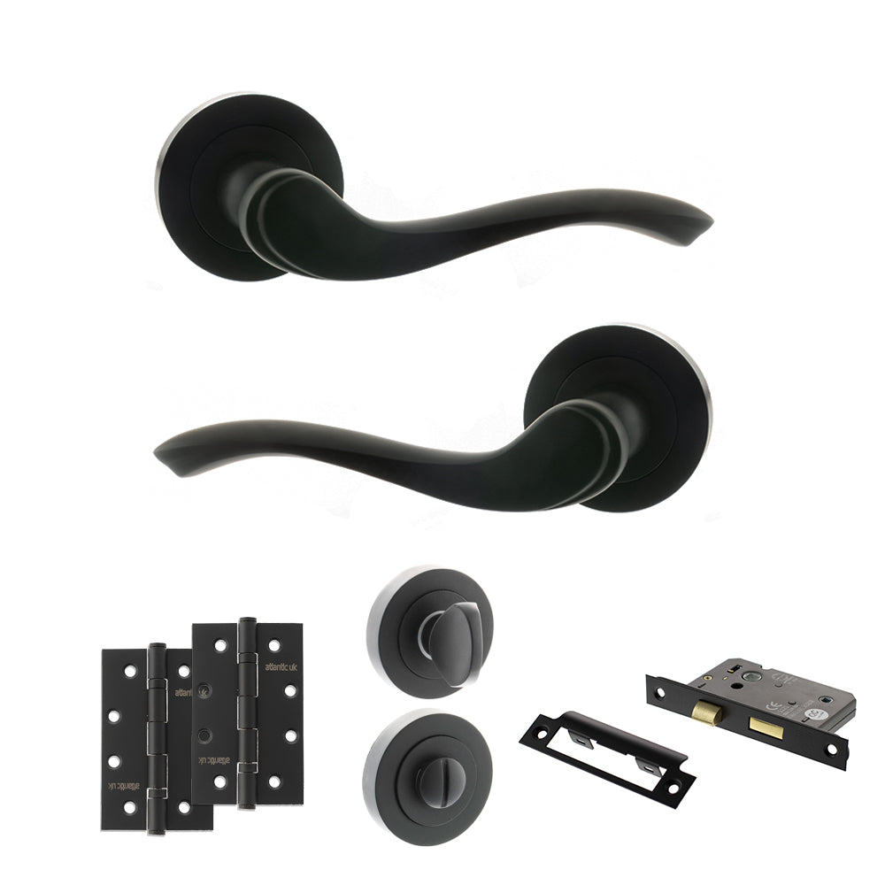 Quality image of Old English Warwick Door Handle Pack (Bathroom Set - 2.5" CE Bathroom Lock, 4" Slim Knuckle Hinges x2) - Matt Black | Sku. adpoe178mb12 | available from Trade Door Handles.