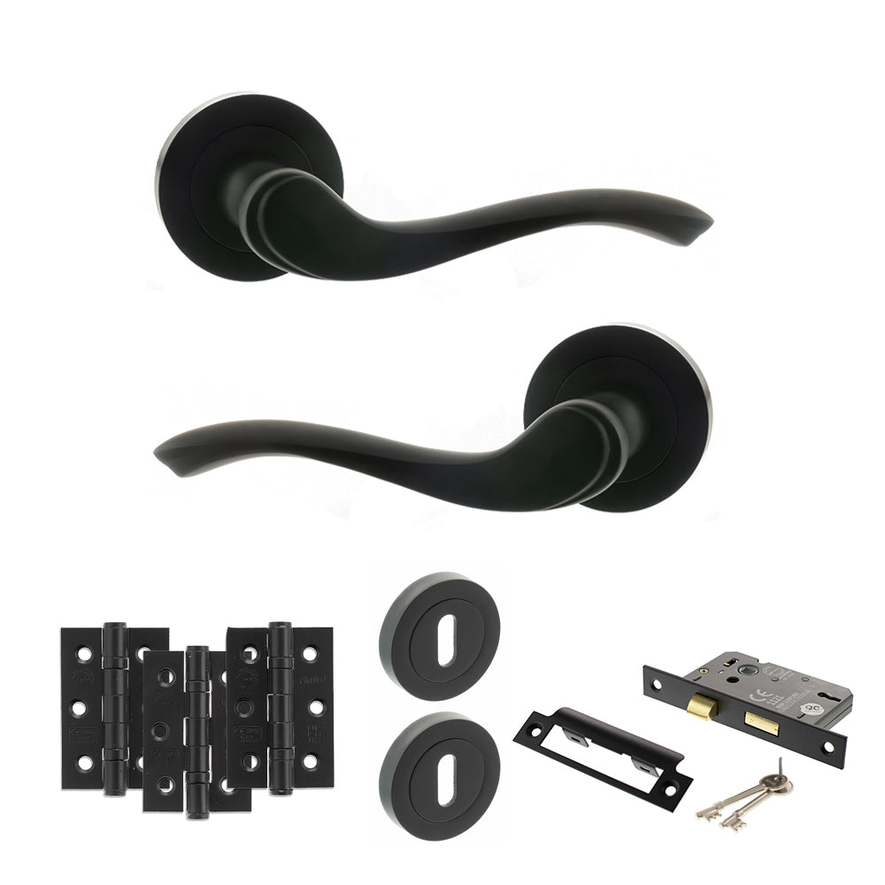 Quality image of Old English Warwick Door Handle Pack (3 Lever Lock Set - 2.5" CE Sashlock, 3" Fire Rated Hinges x3) - Matt Black | Sku. adpoe178mb14 | available from Trade Door Handles.