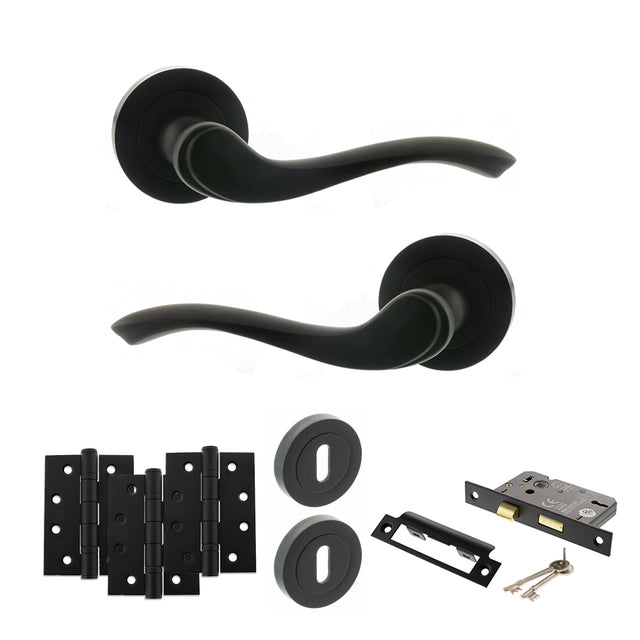 Quality image of Old English Warwick Door Handle Pack (3 Lever Lock Set - 2.5" CE Sashlock, 4" Fire Rated Hinges x3) - Matt Black | Sku. adpoe178mb16 | available from Trade Door Handles.