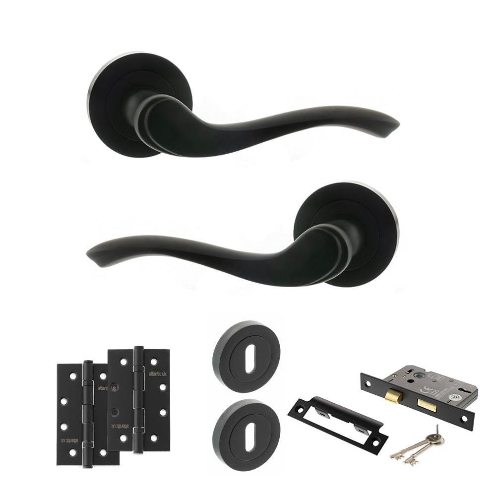 Quality image of Old English Warwick Door Handle Pack (3 Lever Lock Set - 3" CE Sashlock, 4" Slim Knuckle Hinges x2) - Matt Black | Sku. adpoe178mb19 | available from Trade Door Handles.
