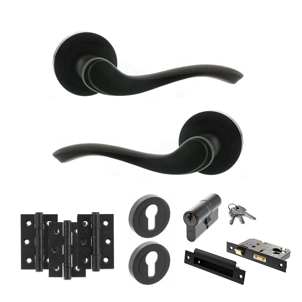 Quality image of Old English Warwick Door Handle Pack (Euro Lock Set - 3" CE Sashlock, 3" Fire Rated Hinges x3) - Matt Black | Sku. adpoe178mb21 | available from Trade Door Handles.