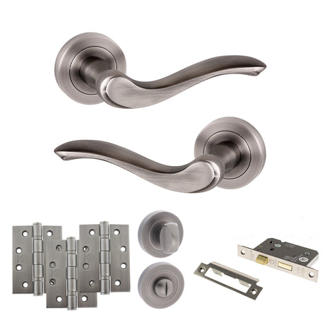 Quality image of Old English Warwick Door Handle Pack (Bathroom Set - 2.5" CE Bathroom Lock, 4" Fire Rated Hinges x3) - Matt Gun Metal | Sku. adpoe178mbn10 | available from Trade Door Handles.