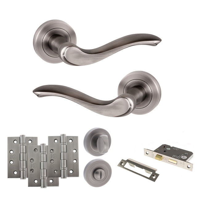 Quality image of Old English Warwick Door Handle Pack (Bathroom Set - 3" CE Bathroom Lock, 4" Fire Rated Hinges x3) - Matt Gun Metal | Sku. adpoe178mbn11 | available from Trade Door Handles.