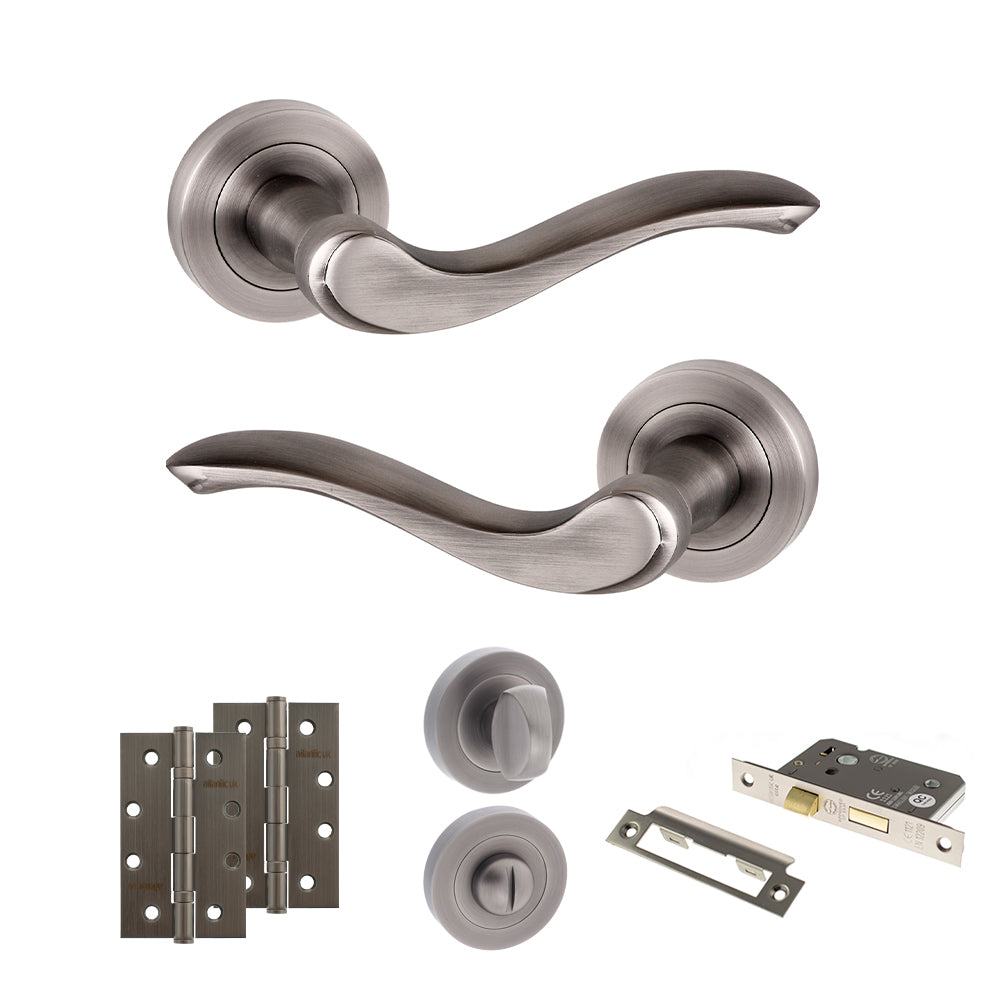Quality image of Old English Warwick Door Handle Pack (Bathroom Set - 3" CE Bathroom Lock, 4" Slim Knuckle Hinges x2) - Matt Gun Metal | Sku. adpoe178mbn13 | available from Trade Door Handles.