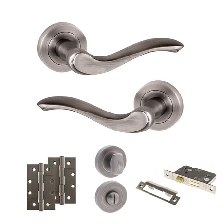Quality image of Old English Warwick Door Handle Pack (Bathroom Set - 3" CE Bathroom Lock, 4" Slim Knuckle Hinges x2) - Matt Gun Metal | Sku. adpoe178mbn13 | available from Trade Door Handles.