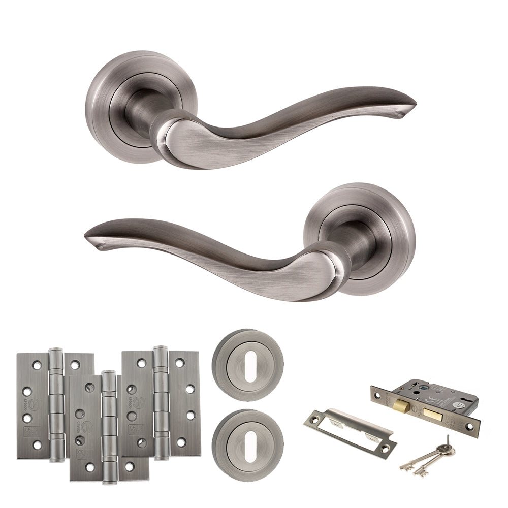 Quality image of Old English Warwick Door Handle Pack (3 Lever Lock Set - 3" CE Sashlock, 4" Fire Rated Hinges x3) - Matt Gun Metal | Sku. adpoe178mbn17 | available from Trade Door Handles.