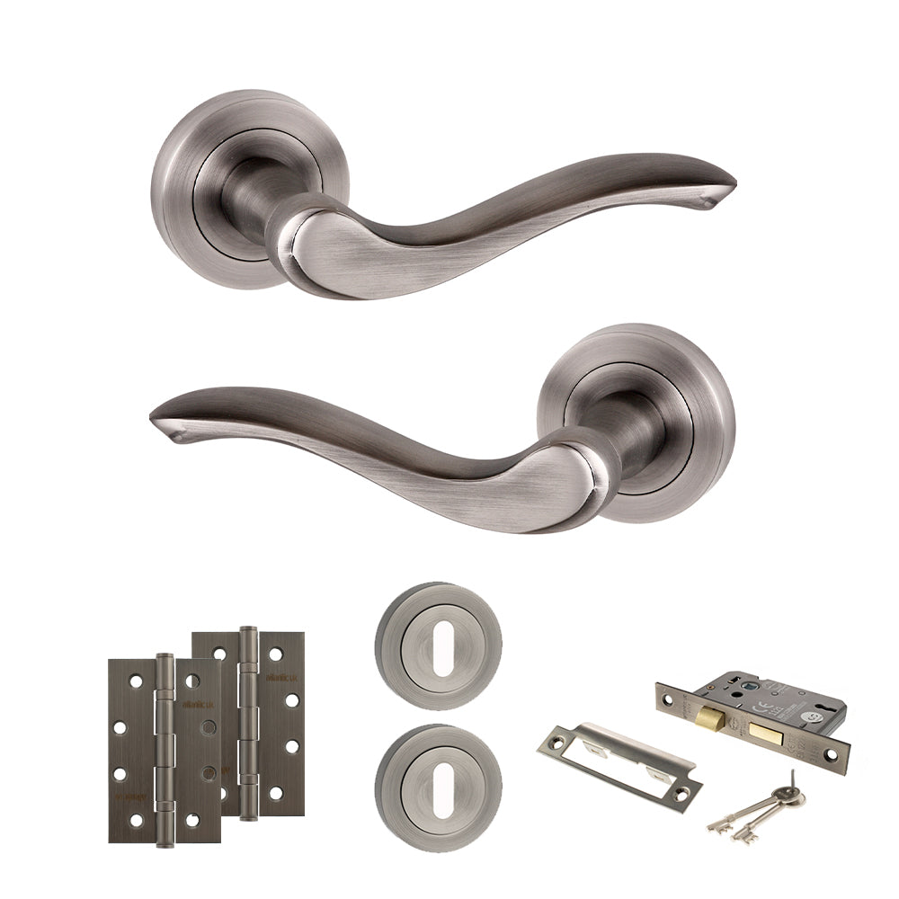 Quality image of Old English Warwick Door Handle Pack (3 Lever Lock Set - 3" CE Sashlock, 4" Slim Knuckle Hinges x2) - Matt Gun Metal | Sku. adpoe178mbn19 | available from Trade Door Handles.