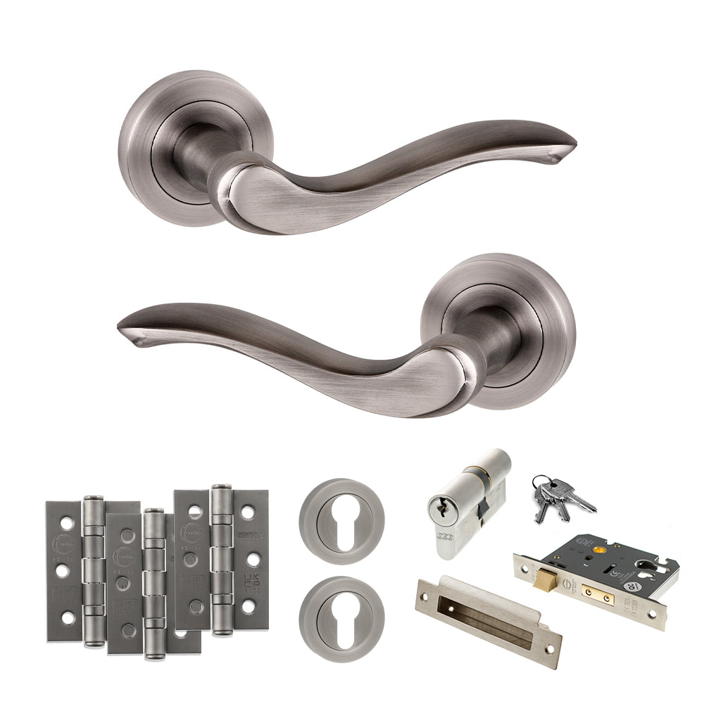 Quality image of Old English Warwick Door Handle Pack (Euro Lock Set - 3" CE Sashlock, 3" Fire Rated Hinges x3) - Matt Gun Metal | Sku. adpoe178mbn21 | available from Trade Door Handles.