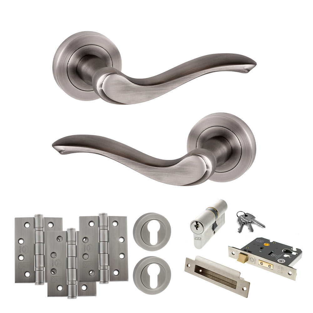 Quality image of Old English Warwick Door Handle Pack (Euro Lock Set - 2.5" CE Sashlock, 4" Fire Rated Hinges x3) - Matt Gun Metal | Sku. adpoe178mbn22 | available from Trade Door Handles.