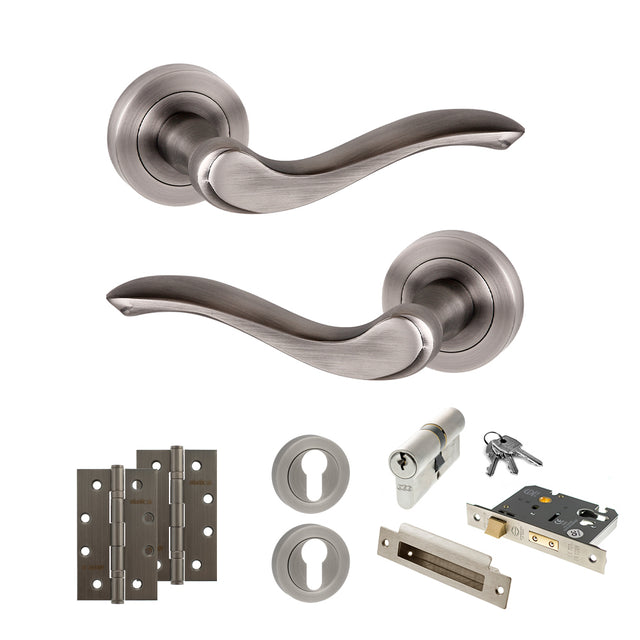 Quality image of Old English Warwick Door Handle Pack (Euro Lock Set - 3" CE Sashlock, 4" Slim Knuckle Hinges x2) - Matt Gun Metal | Sku. adpoe178mbn25 | available from Trade Door Handles.