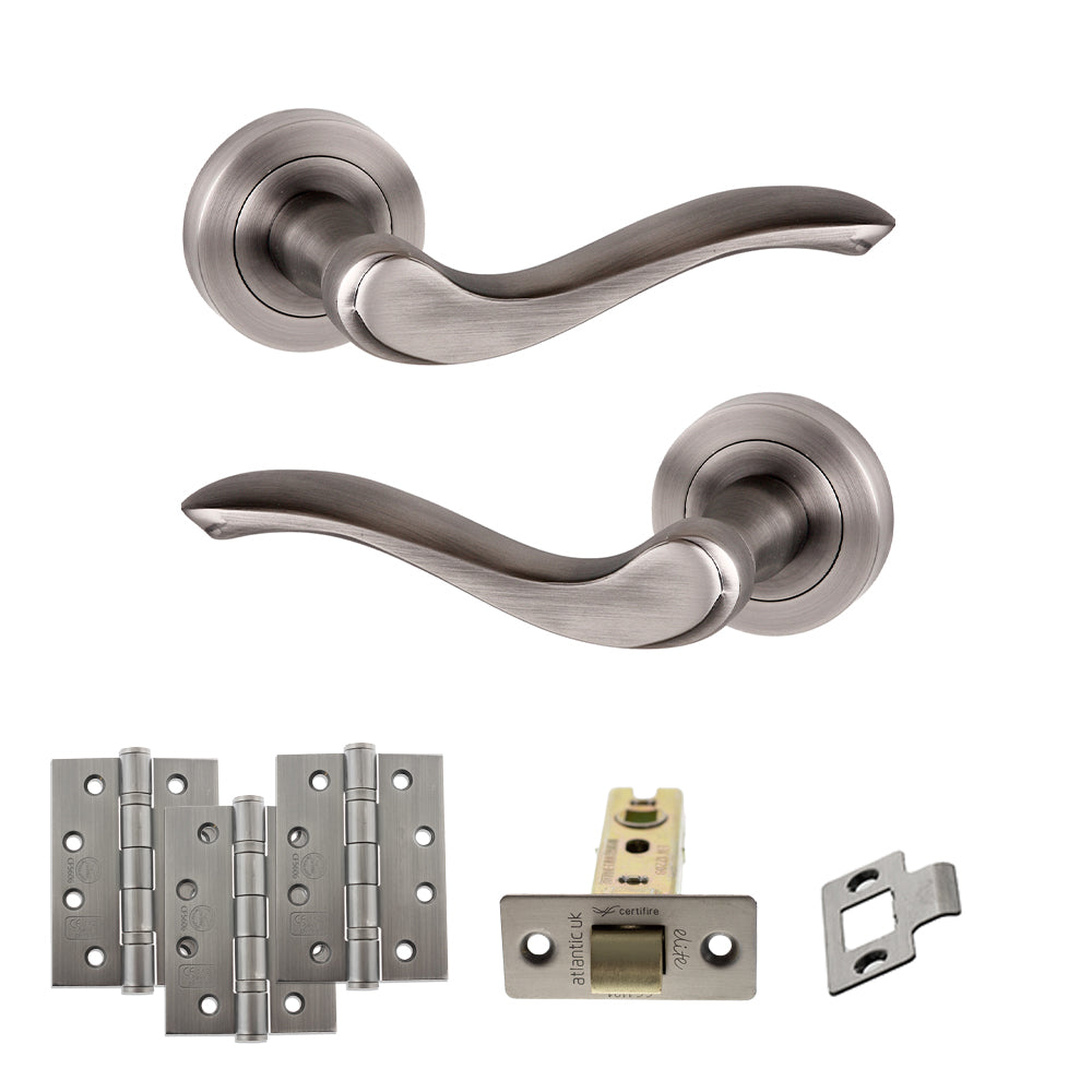 Quality image of Old English Warwick Door Handle Pack (Latch Set - 3" CE Latch, 4" Fire Rated Hinges x3) - Matt Gun Metal | Sku. adpoe178mbn4 | available from Trade Door Handles.
