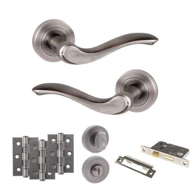 Quality image of Old English Warwick Door Handle Pack (Bathroom Set - 3" CE Bathroom Lock, 3" Fire Rated Hinges x3) - Matt Gun Metal | Sku. adpoe178mbn9 | available from Trade Door Handles.
