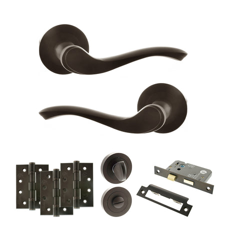 Quality image of Old English Warwick Door Handle Pack (Bathroom Set - 2.5" CE Bathroom Lock, 4" Fire Rated Hinges x3) - Urban Dark Bronze | Sku. adpoe178udb10 | available from Trade Door Handles.