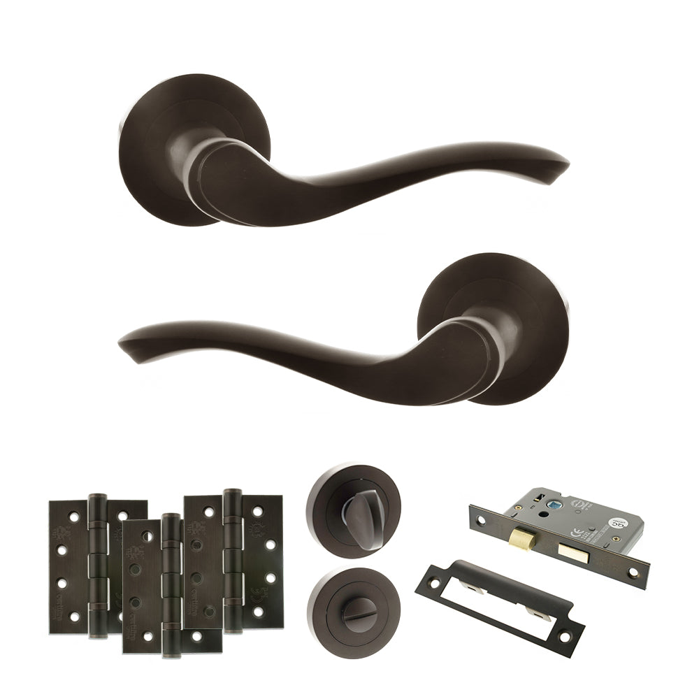 Quality image of Old English Warwick Door Handle Pack (Bathroom Set - 3" CE Bathroom Lock, 4" Fire Rated Hinges x3) - Urban Dark Bronze | Sku. adpoe178udb11 | available from Trade Door Handles.