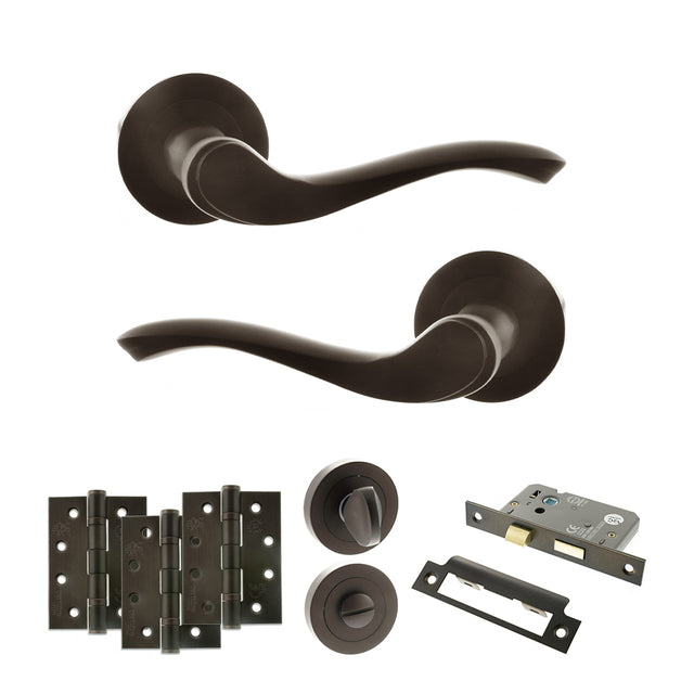Quality image of Old English Warwick Door Handle Pack (Bathroom Set - 3" CE Bathroom Lock, 4" Fire Rated Hinges x3) - Urban Dark Bronze | Sku. adpoe178udb11 | available from Trade Door Handles.