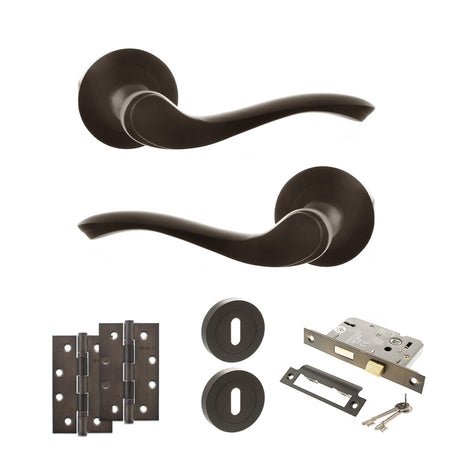 Quality image of Old English Warwick Door Handle Pack (3 Lever Lock Set - 2.5" CE Sashlock, 4" Slim Knuckle Hinges x2) - Urban Dark Bronze | Sku. adpoe178udb18 | available from Trade Door Handles.