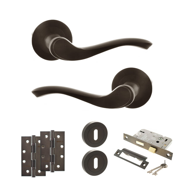 Quality image of Old English Warwick Door Handle Pack (3 Lever Lock Set - 2.5" CE Sashlock, 4" Slim Knuckle Hinges x2) - Urban Dark Bronze | Sku. adpoe178udb18 | available from Trade Door Handles.
