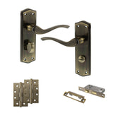 Quality image of Old English Warwick Door Handle Pack (Bathroom Set - 2.5" CE Bathroom Lock, 4" Slim Knuckle Hinges x2) - Antique Brass | Sku. adpoe178wcab12 | available from Trade Door Handles.