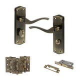 Quality image of Old English Warwick Door Handle Pack (Bathroom Set - 3" CE Bathroom Lock, 3" Fire Rated Hinges x3) - Antique Brass | Sku. adpoe178wcab9 | available from Trade Door Handles.