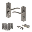 Quality image of Old English Warwick Door Handle Pack (Bathroom Set - 2.5" CE Bathroom Lock, 4" Fire Rated Hinges x3) - Distressed Silver | Sku. adpoe178wcds10 | available from Trade Door Handles.